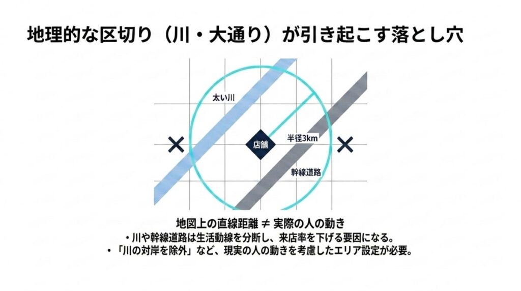 川や幹線道路が商圏を分断する地理的な区切りの注意点