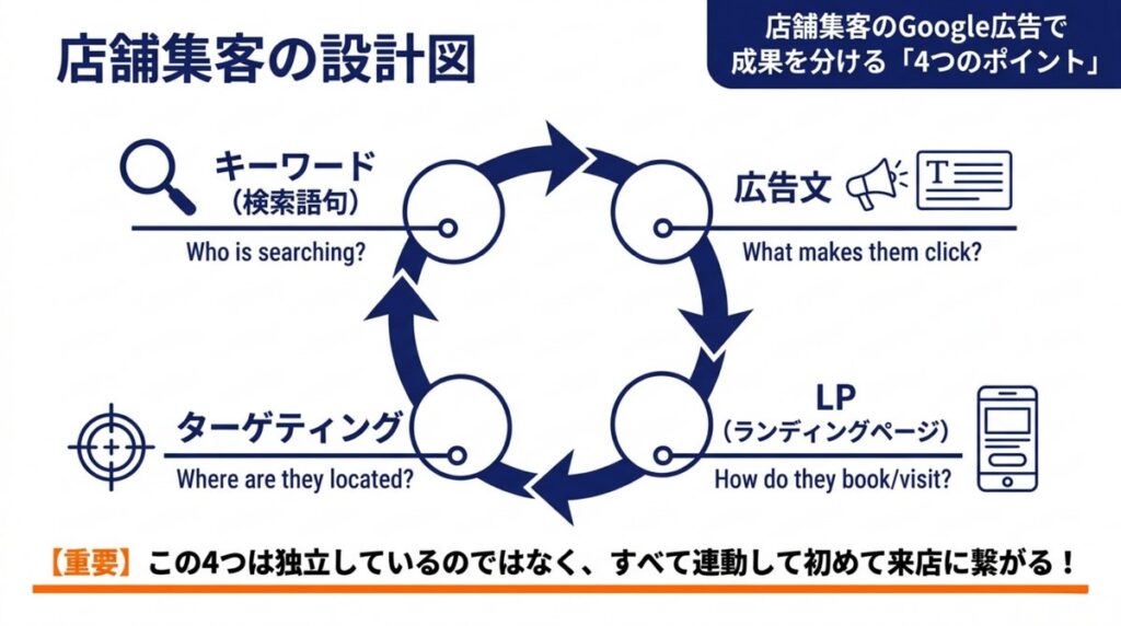 店舗集客のGoogle広告で成果を出す4つのポイントの全体図