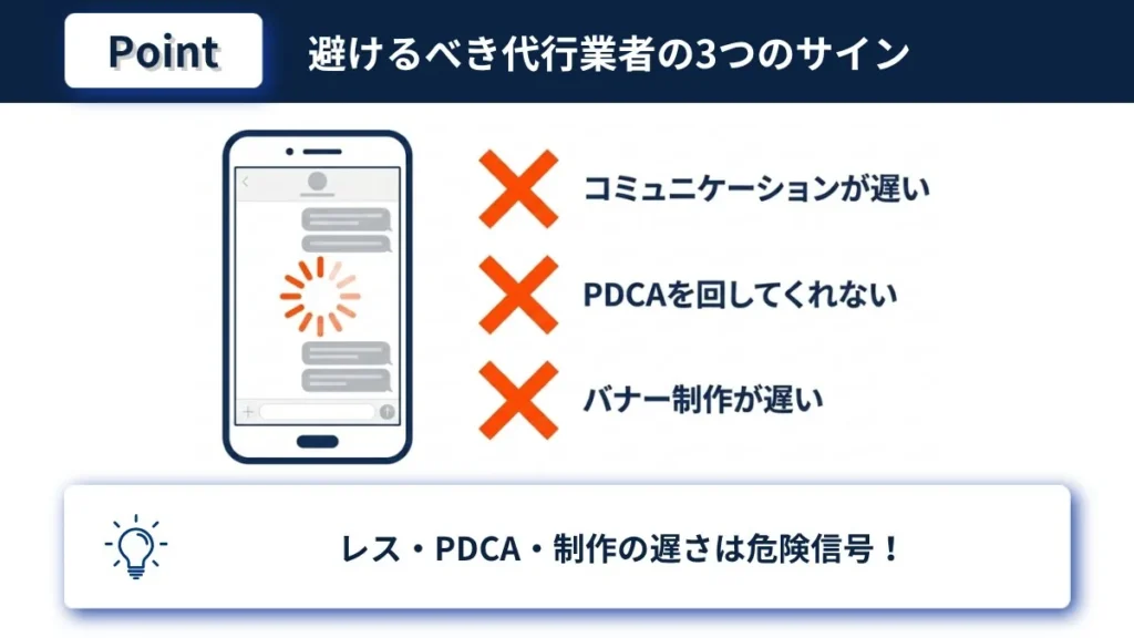 避けるべき広告代行業者の3つのサインを示す図解